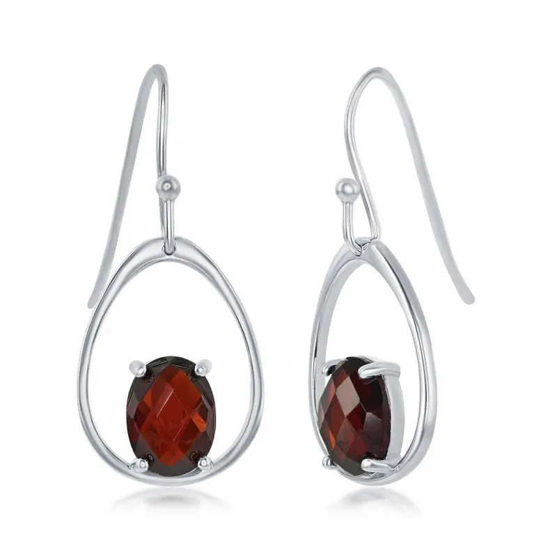 Sterling Silver, Pear-Shaped, Four-Prong Gem Earrings - Garnet