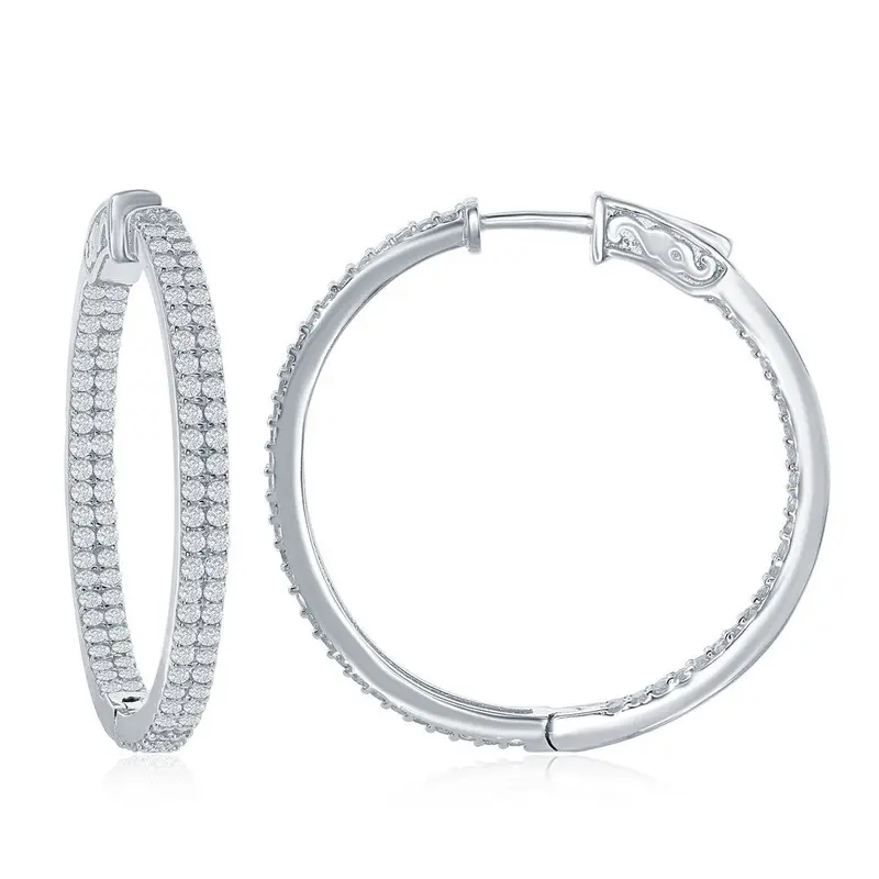 Sterling Silver 3x35mm Inside-Outside Double Row CZ Hoop Earrings