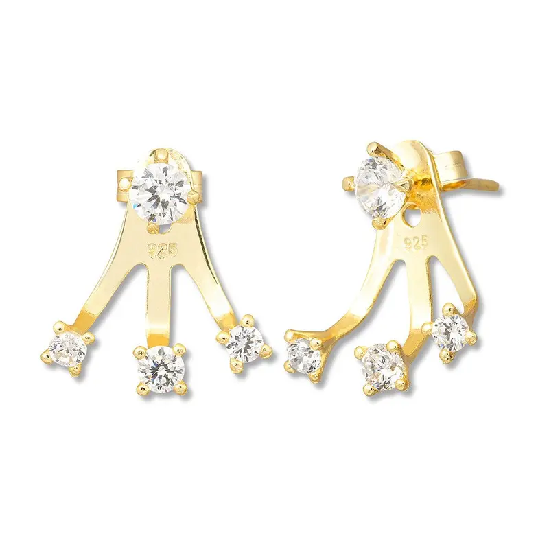 Sterling Silver GP Round CZ Front with Prong Set Triple CZ Back Earrings