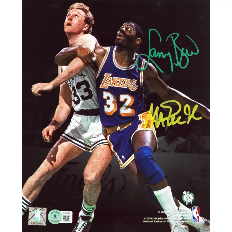 Magic Johnson & Larry Bird Signed 8x10 Vertical Spotlight Photo BAS Wit #W171468
