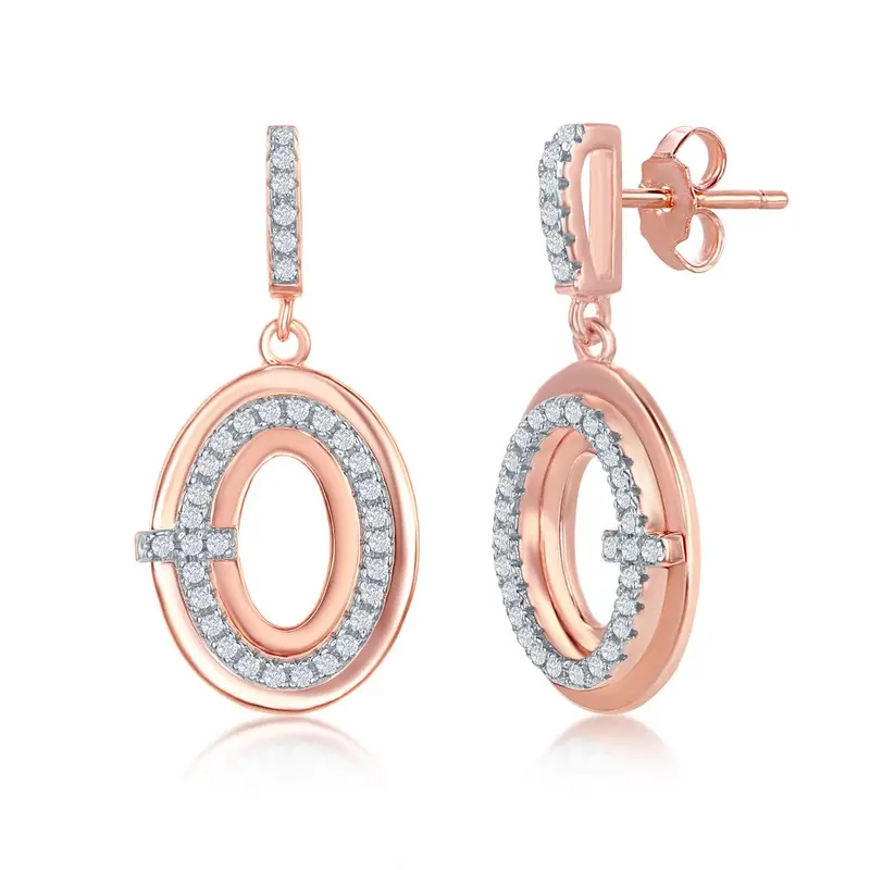 Sterling Silver CZ Oval Earrings - Rose Gold Plated