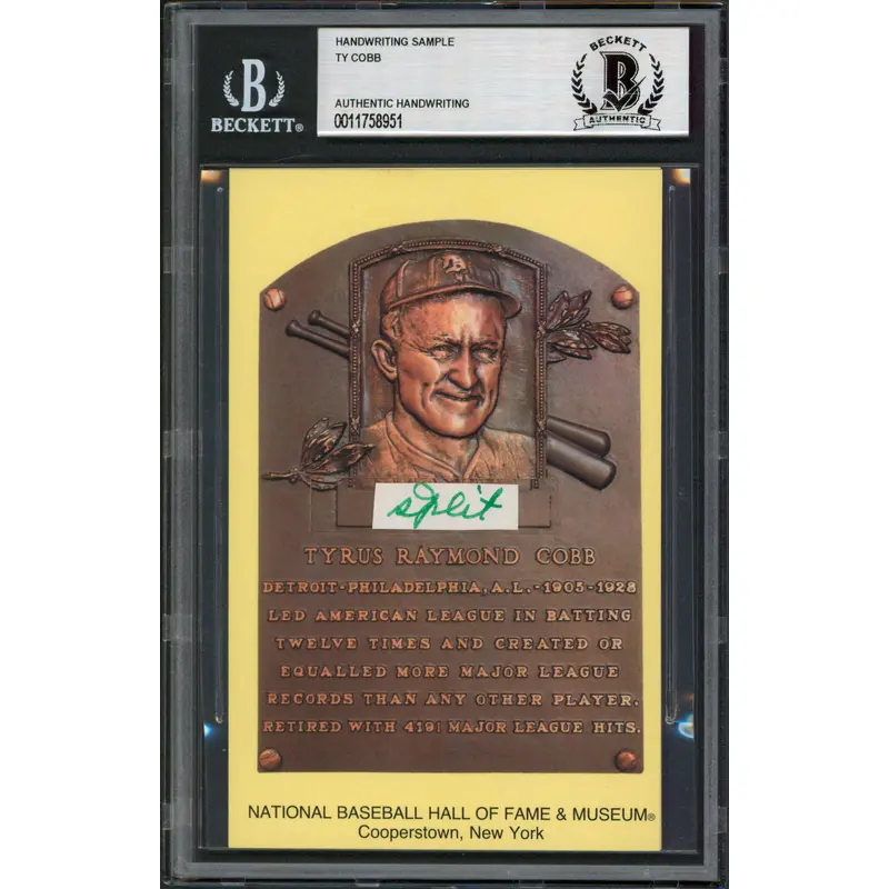 Tigers Ty Cobb Writing Sample 3.5x5.5 HOF Plaque Postcard BAS Slabbed 5