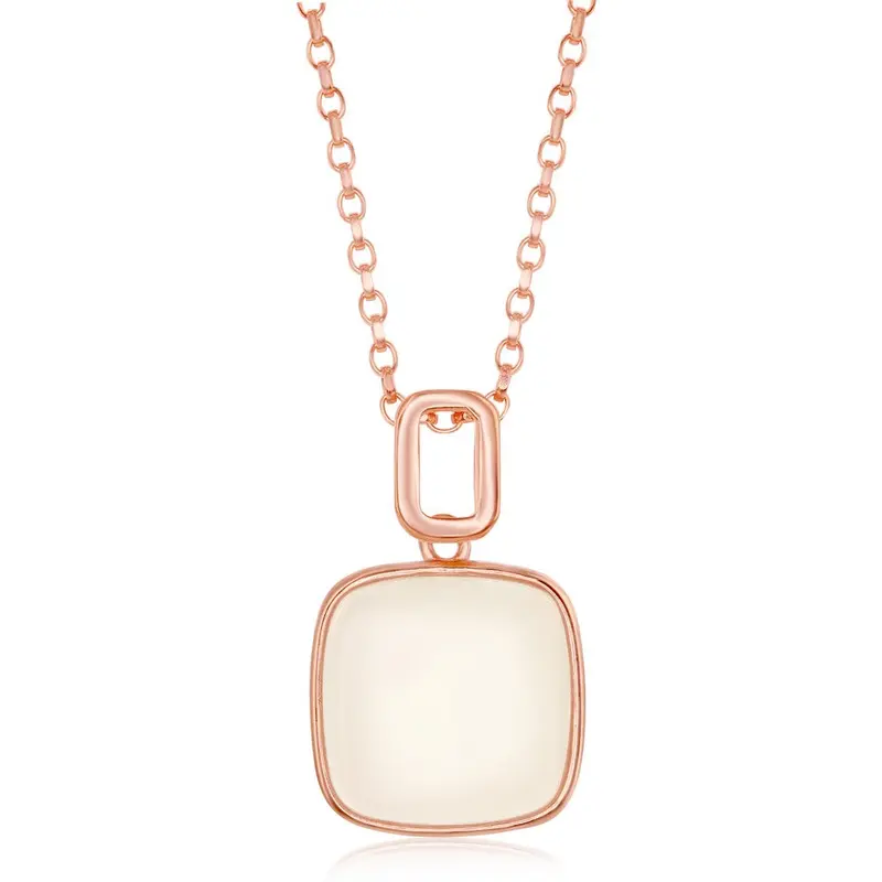 Sterling Silver Natural White Moon Stone Square Pendant - Rose Gold Plated