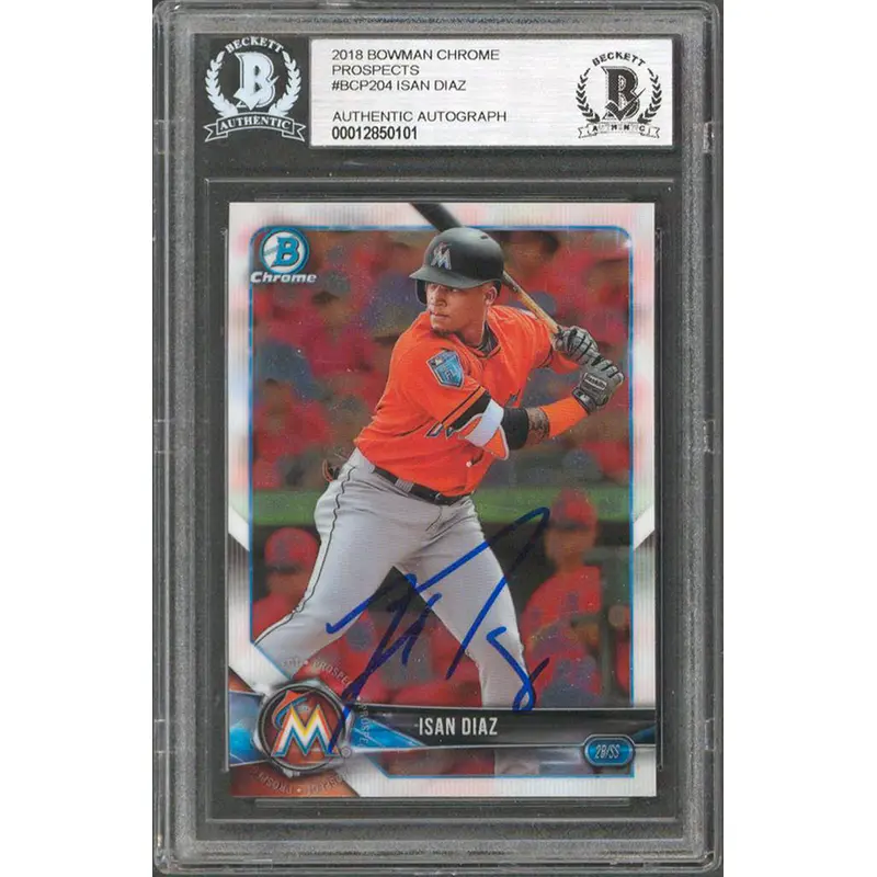 Marlins Isan Diaz Signed 2018 Bowman Chrome Prospects #BCP204 RC BAS Slabbed