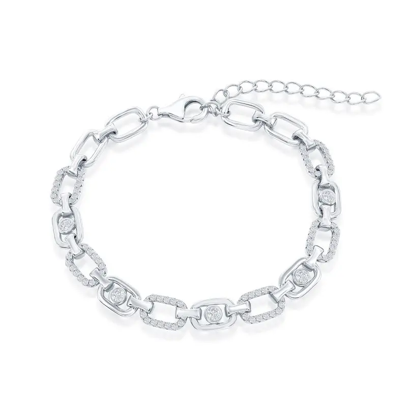 Sterling Silver, Alternating Polished & Oval CZ Link Bracelet