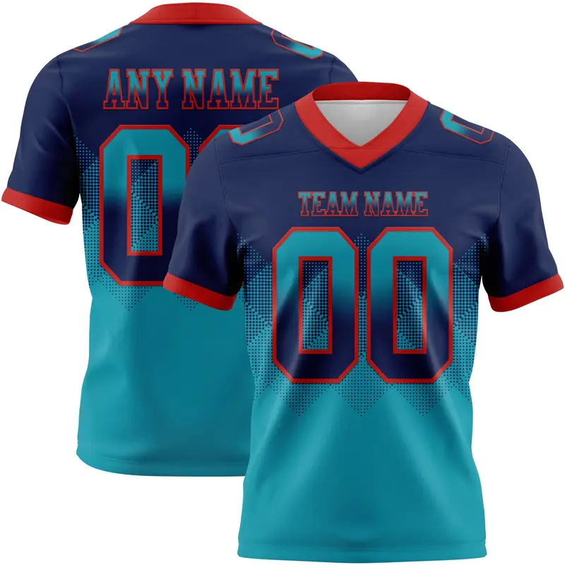 Custom Navy Teal-Red Mesh Authentic Gradient Square Shape Flag Football Jersey