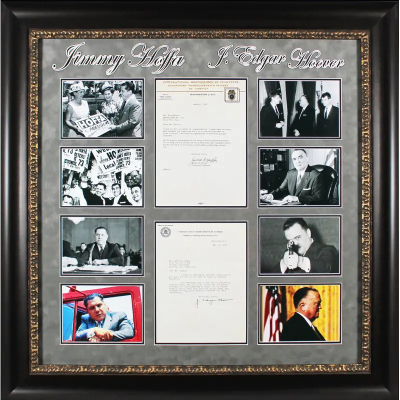 J. Edgar Hoover & Jimmy Hoffa Signed 8.5x11 Typed Letters Framed Display BAS