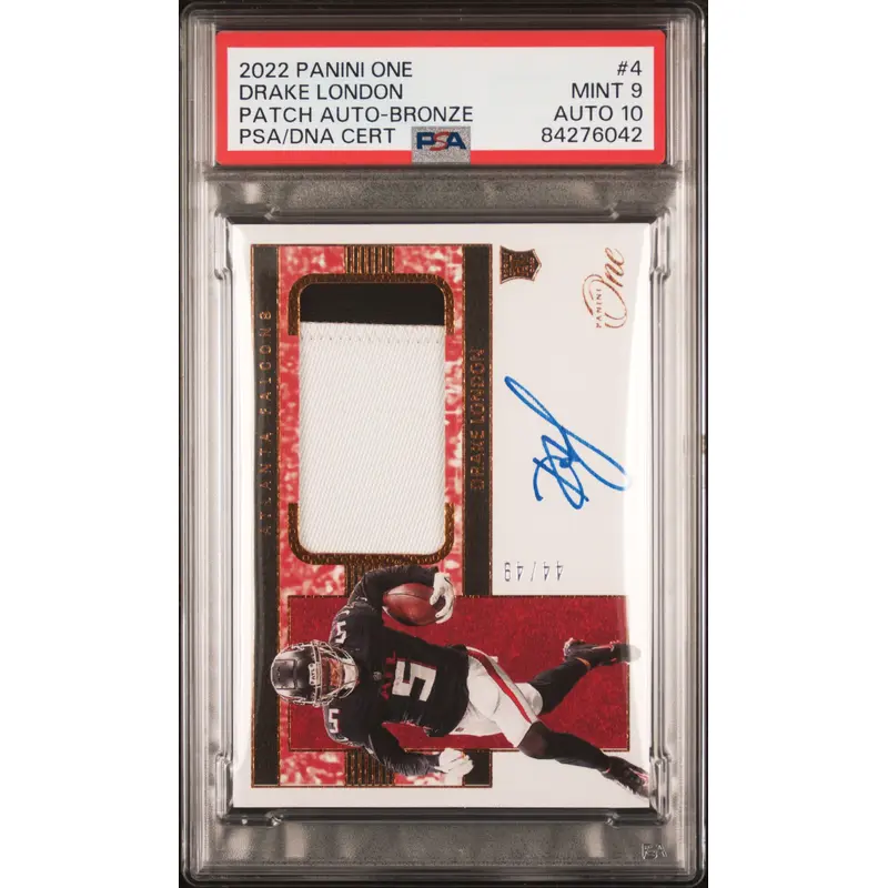 Drake London 2022 Panini One Patch Auto #44/49 PSA 9 Auto 10