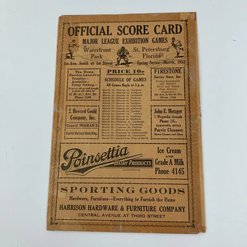1932 New York Yankees VS. Chicago Cubs Spring Training Score Card Babe Ruth