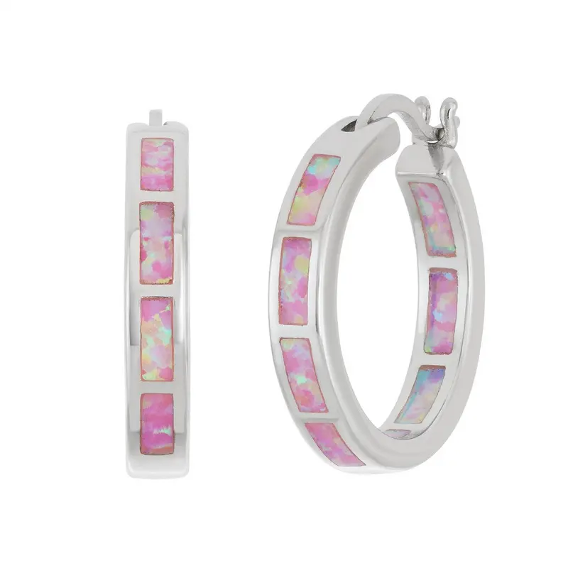 Sterling Silver, Opal Hoop Earrings - Pink Opal