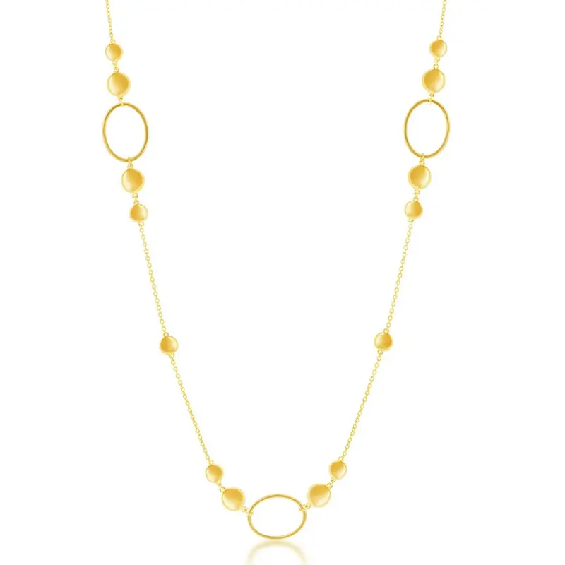 Sterling Silver Open Ovals with Flat Shiny Discs Necklace - Gold Plated