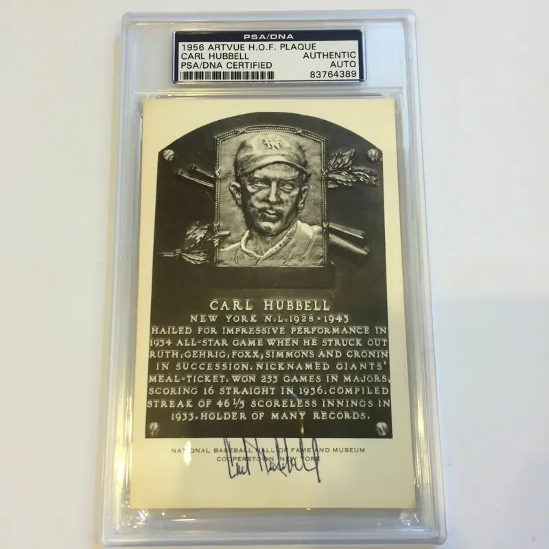 CARL HUBBELL SIGNED HOF ARTVUE BLACK & WHITE PLAQUE PSA DNA SLABBED AUTOGRAPHED