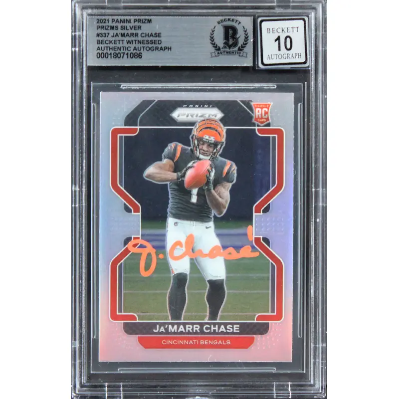 Bengals Ja'Marr Chase Signed 2021 Panini Prizm Silv #337 Card Auto 10! BAS Slab