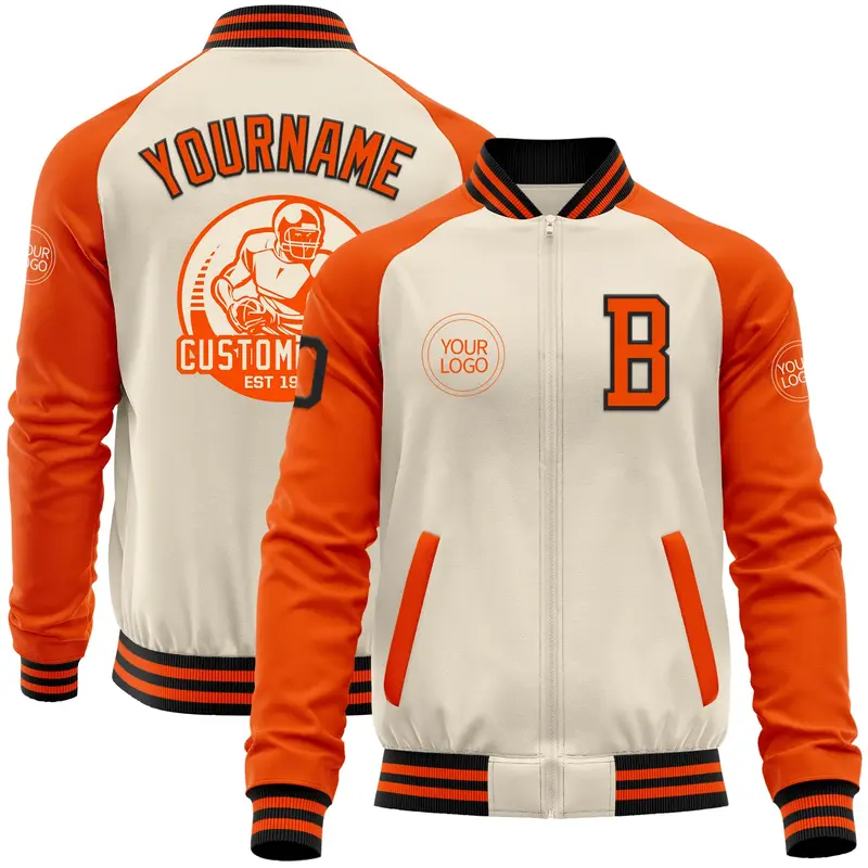 Custom Cream Black-Orange Bomber Varsity Letterman Two Tone Zipper Jacket