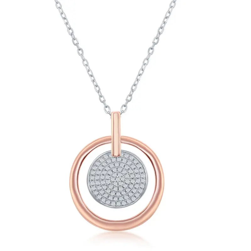 Sterling Silver Two-Tone Micro Pave Disc Rose Gold Plated Open Circle Necklace