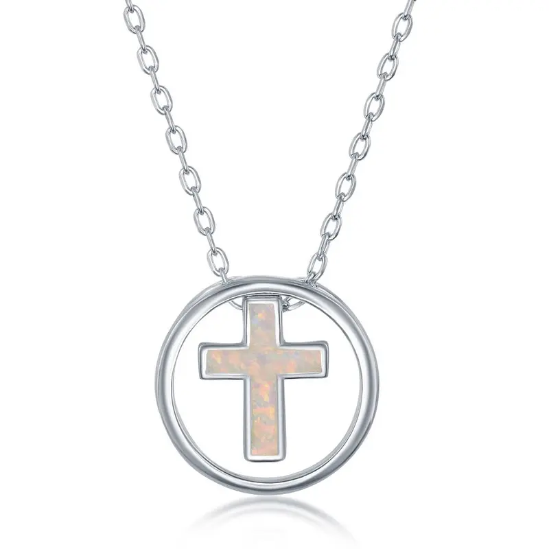 Sterling Silver, WhIte Inlay Opal Cross Disc Necklace