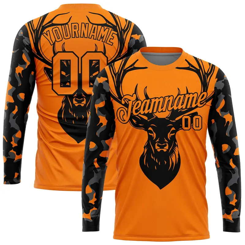 Custom Bay Orange Black-Camo 3D Animal Deer Hunting Long Sleeve Performance T-Shirt