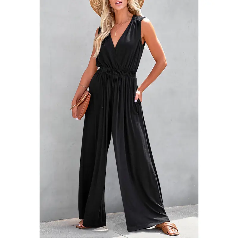 Black Deep V Pleated Crisscross Wide Leg Backless Jumpsuit