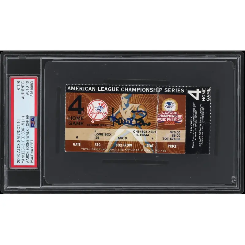 Aaron Boone Signed 2003 ALCS Game 7 Walk Off Home Run Ticket PSA DNA GEM MINT 10