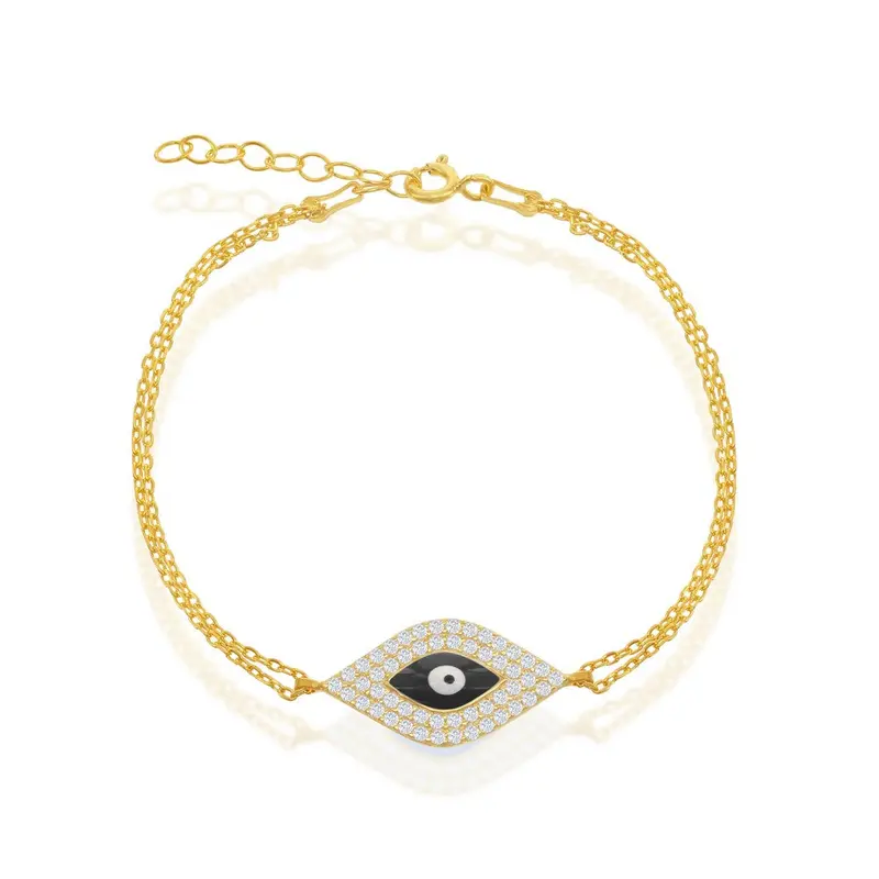 Sterling Silver Double-Strand w/ Center CZ and Black Evil Eye Bracelet -Gold Plated