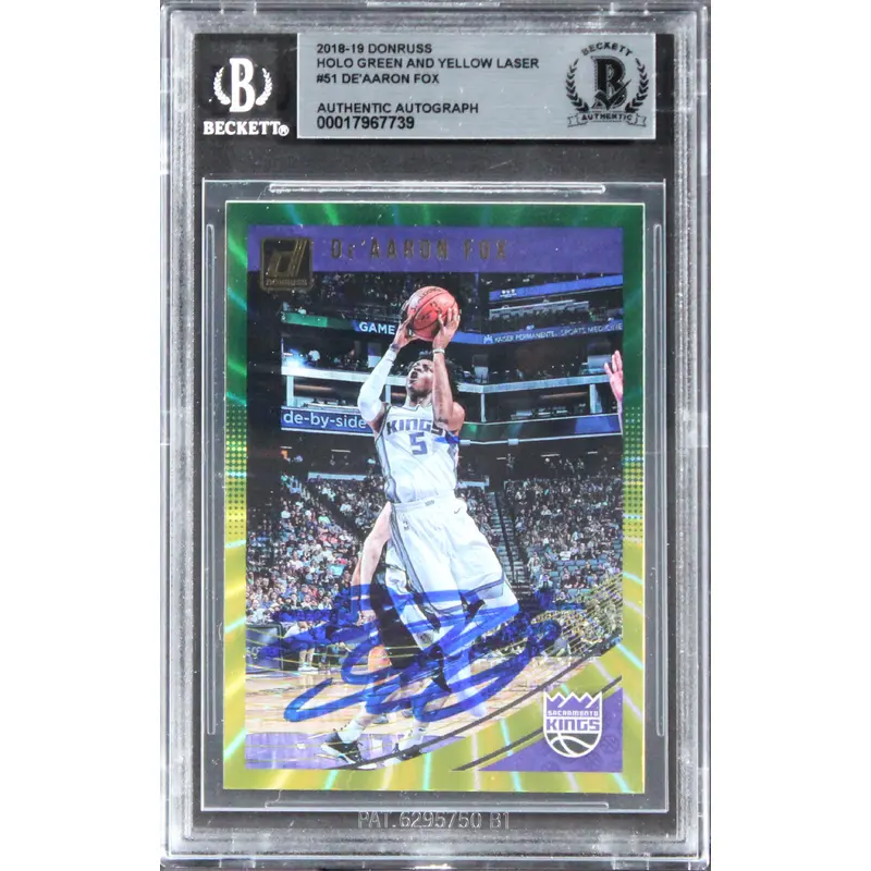 De'Aaron Fox Signed 2018 Donruss Holo Green And Yellow Laser #51 Card BAS Slab