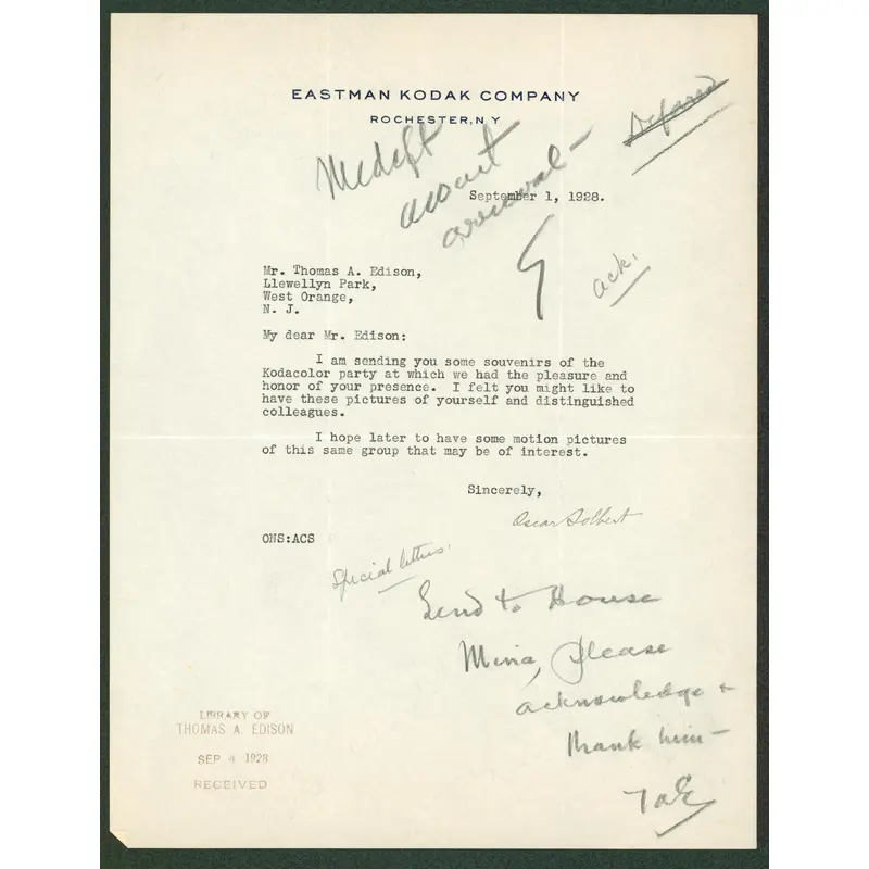 Thomas Edison Signed 8.5x11 Letter On Eastman Kodak Co. Letterhead BAS #AB14577