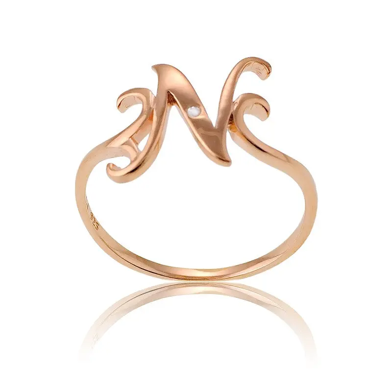 Sterling Silver 1 Micron Rose Gold-plating Single CZ "N" Ring