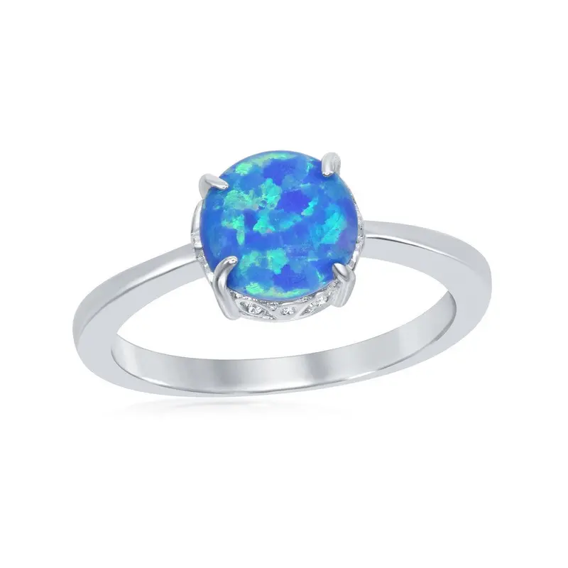 Sterling Silver Four-Prong Round Blue Inlay Opal Ring