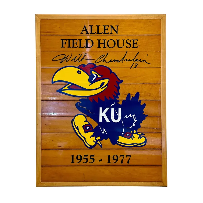 Wilt Chamberlain Signed Kansas University Game Used Floor 18x24 JSA MINT 9