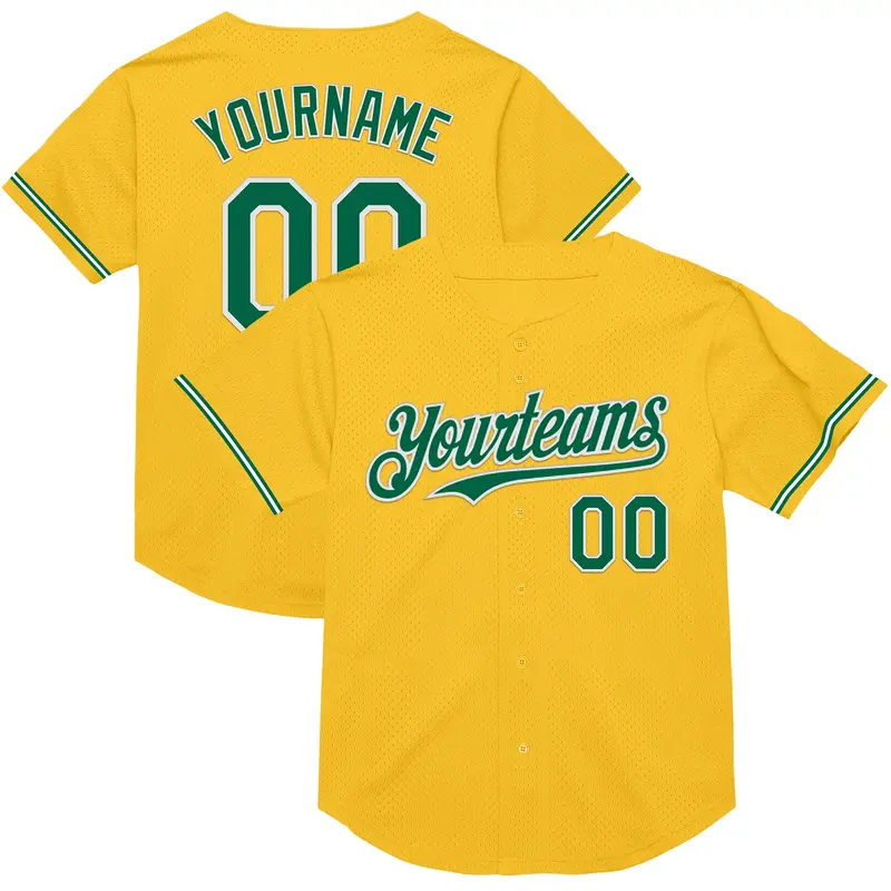 Custom Gold Kelly Green-White Mesh Authentic Throwback Baseball Jersey