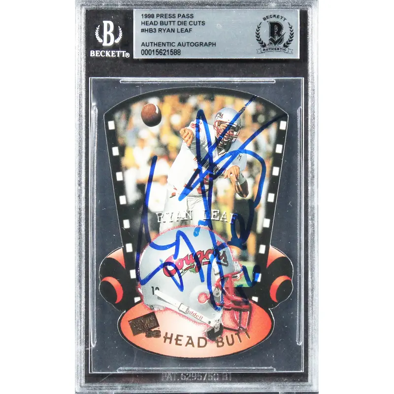 Chargers Ryan Leaf Signed 1998 Press Pass Head Butt Die Cuts #HB3 Card BAS Slab