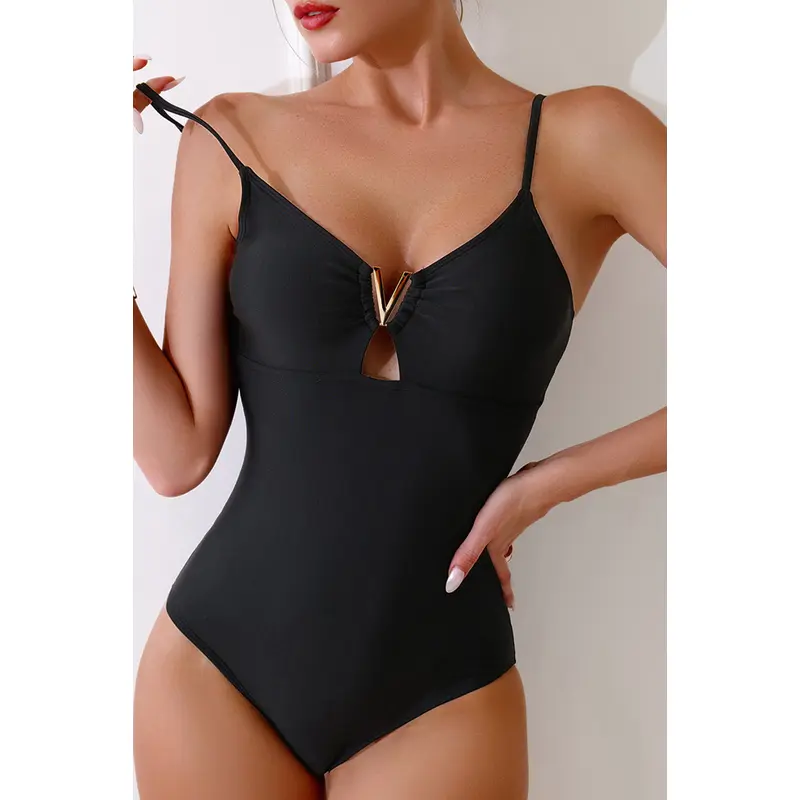 Black Spaghetti Straps Metal V Decor One-Piece Swimsuit