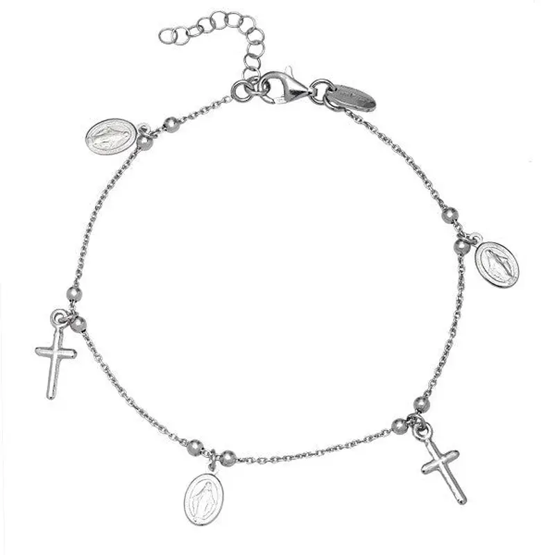 Sterling Silver Cross and Medal Charm Bracelet