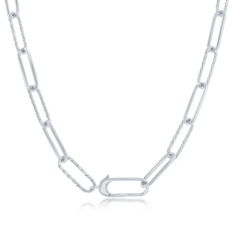 Sterling Silver, Alternating Rope Design & Polished Paperclip Necklace
