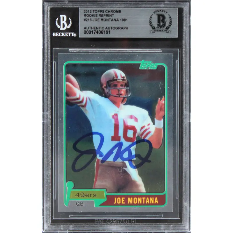 49ers Joe Montana Signed 2012 Topps Chrome Rookie Reprint #216 Card BAS Slabbed