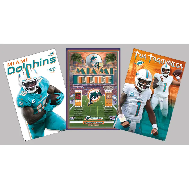 COMBO: Miami Dolphins Football 3-Poster Combo Set (Tua, Tyreek, Super Bowl Posters)