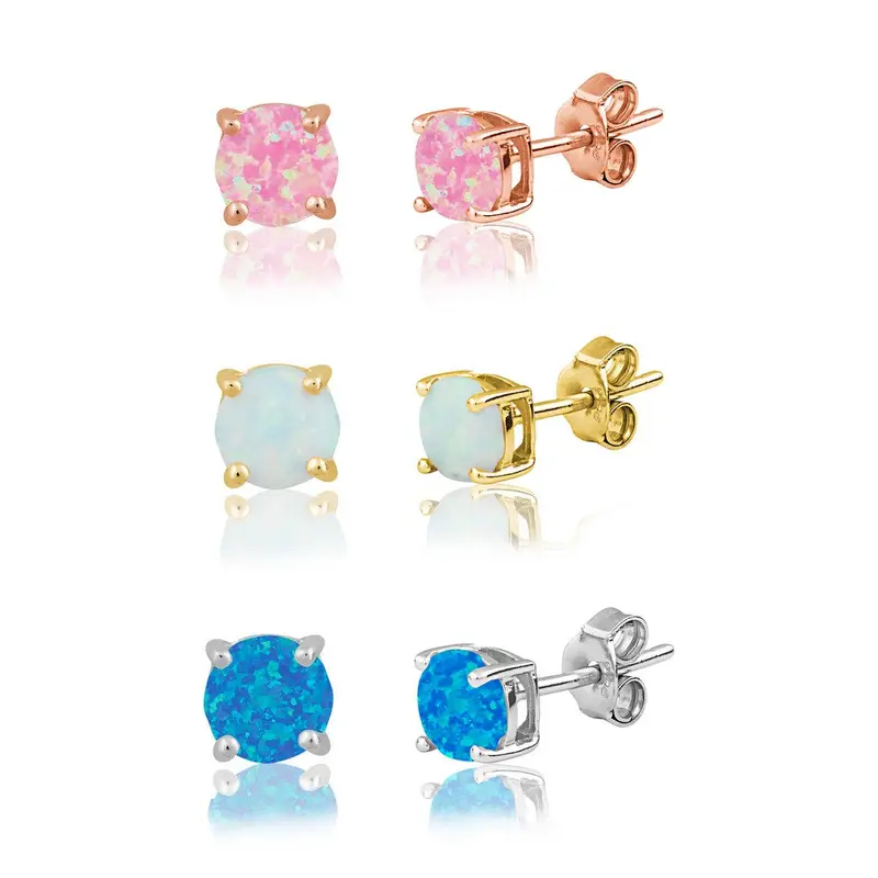 Set of 3 Sterling Silver 6mm Rose and Gold Plated Opal Stud Earrings
