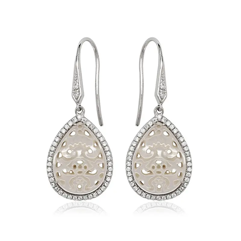 Sterling Silver Teardrop Cut Out MOP With CZ Border Earrings